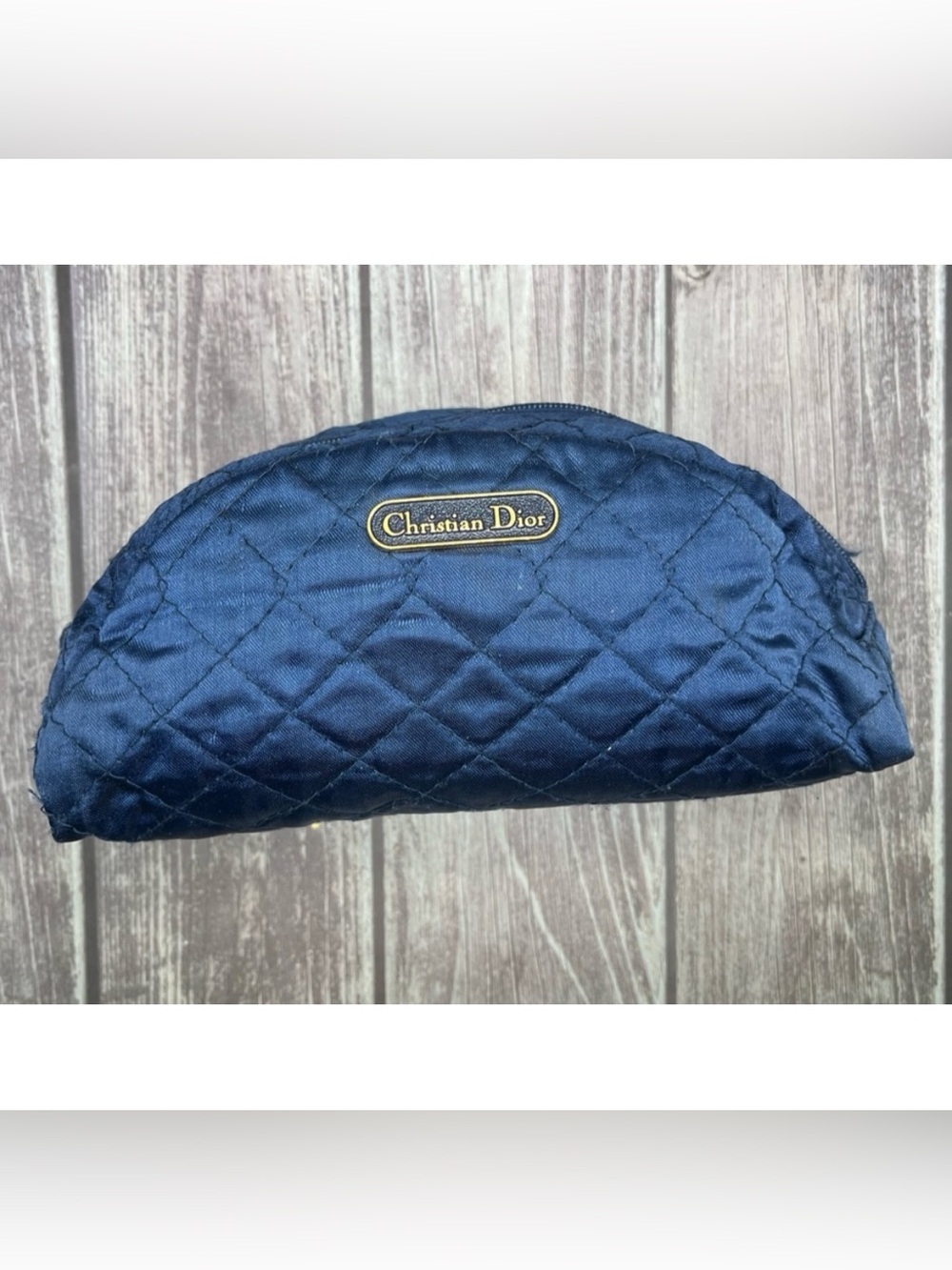 CHRISTIAN DIOR Vintage Quilted Satin Cosmetic Pouch Case Clutch Blue VTG 80s/90s